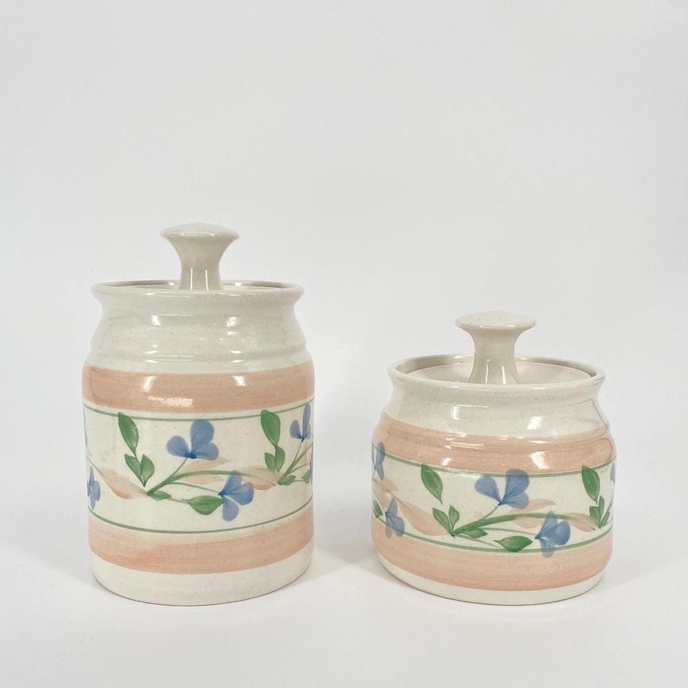 Vintage 80s English Cottage Floral Stoneware Crock Set Studio Pottery‎ Pink Blue
